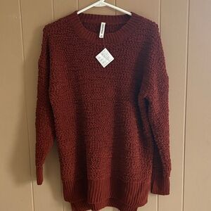 Zenana Outfitters Textured Crewneck Sweater - Deep Rust